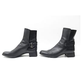 Chanel-CHANEL BOOTS SHOES 36.5 PALLADIE PLATE CC LOGO IN BLACK LEATHER BOOTS-Black
