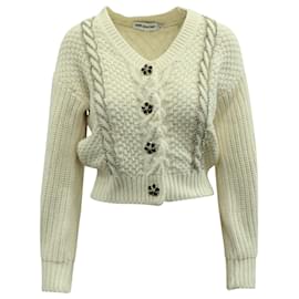 Self portrait-Self-Portrait Crystal-Button Cable Knit Cardigan in Ivory Cotton-White,Cream