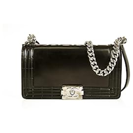 Chanel-CHANEL Le Boy Medium Black Leather flap handbag or crossbody bag silver chain-Black