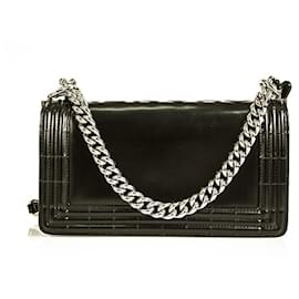 Chanel-CHANEL Le Boy Medium Black Leather flap handbag or crossbody bag silver chain-Black