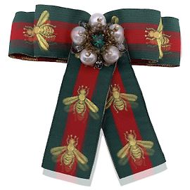 Gucci Spilla con fiocco in gros-grain rosso verde con perle e cristalli Multicolore