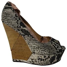 Lanvin-Lanvin Ribbon Strap Wood Wedge Peep-toe Sandals in Phyton Print Leather-Other