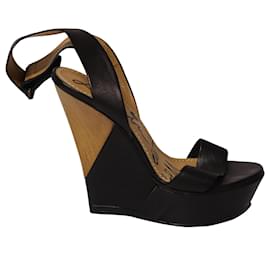 Lanvin-Lanvin Ankle Strap Open-toe Wood Wedge Sandals in Black Leather-Black