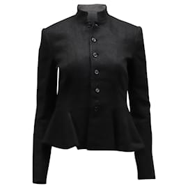 Ralph Lauren-Ralph Lauren Mandarin Collar Peplum Jacket in Black Linen-Black