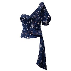 Self Portrait Star Embellished One Shoulder Top in Navy Blue Polyester Blue