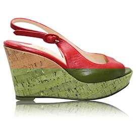 Christian Louboutin-Red Peep Toe Slingback Cork Wedges-Red