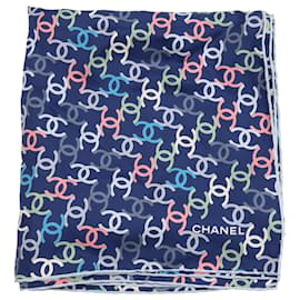 Chanel-Chanel Mehrfarbiger Monogrammschal aus Seide mit marineblauem Druck-Blau,Marineblau
