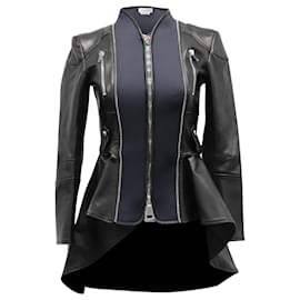 Alexander Mcqueen-Alexander McQueen Spliced Peplum Jacket in Black Leather-Black