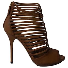 Gucci-Gucci Strappy Saddle Tamponato Heels in Brown Tan Leather-Brown,Beige