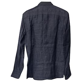 Dries Van Noten-Camisa manga longa Dries Van Noten em linho azul marinho-Azul,Azul marinho