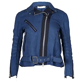 Sacai-Sacai Luck Houndstooth Biker Jacket in Royal Blue Cotton-Blue