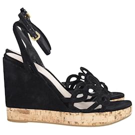 Prada-Prada Ankle Strap Wedge Sandals in Black Suede-Black