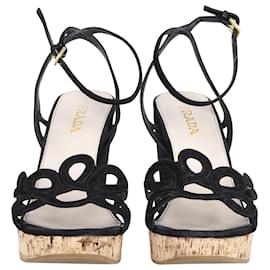 Prada-Prada Ankle Strap Wedge Sandals in Black Suede-Black