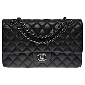 Chanel-Splendid Chanel Timeless Medium Bag 25 cm limited edition with lined flap in black quilted grained leather, ruthenium metal trim,-Black