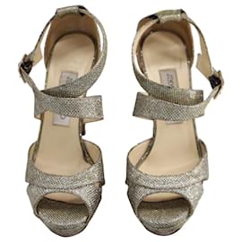 Jimmy Choo-Jimmy Choo Lamé Glitter Kuki Platform Sandals in Metallic Silver Leather-Silvery,Metallic