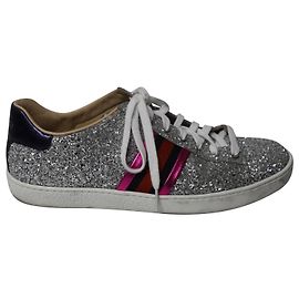 Gucci Ace Glitter Sneakers aus Metallic-Silber-Leder Silber Metallisch