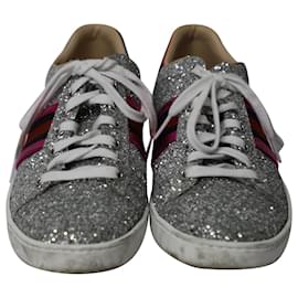 Gucci-Gucci Ace Glitter Sneakers in Metallic Silver Leather-Silvery,Metallic