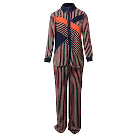 Diane Von Furstenberg-Diane Von Furstenberg Striped Shirt and Trouser Set in Orange/Blue Silk-Orange