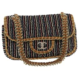 Chanel-CHANEL Matelasse Tweed Turn Lock Chain Sac à bandoulière Navy Brown CC Auth nh616A-Marron,Bleu Marine