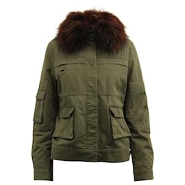 Yves Salomon-Yves Salomon Fur Lined Utility Jacket in Green Cotton-Green,Olive green
