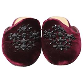Michael Kors-Michael Kors Crystal-Embellished Slip-On Flat Mules in Burgundy Velvet-Dark red