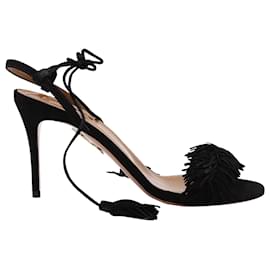 Aquazzura-Aquazzura Wild Thing 85 Ankle Wrap Sandals in Black Suede-Black