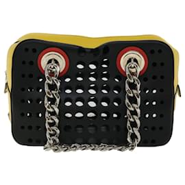 Prada-PRADA Chain Shoulder Bag Punching Leather Tricolor Black 15EP127 auth 32293a-Black,Red,Yellow