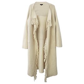 Coast Lammwolle Cardigan Fransen Rippstrick creme Größe L / 40 Roh