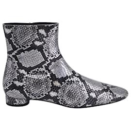 Balenciaga-Balenciaga Oval Block-Heel Snakeskin-Embossed Ankle Boots in Silver Leather -Silvery