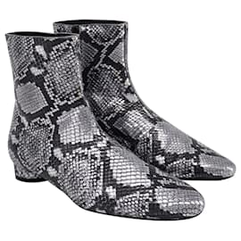 Balenciaga-Balenciaga Oval Block-Heel Snakeskin-Embossed Ankle Boots in Silver Leather -Silvery