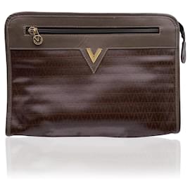 Autre Marque-Vintage Brown Vinyl Canvas Handbag Clutch Bag Purse-Brown