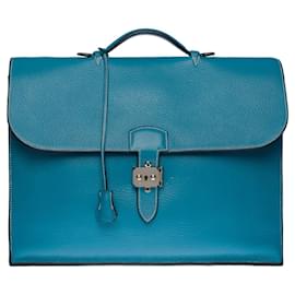 Hermès-Splendid and very chic Porte-Documents Hermès Dispatch bag in blue Togo leather jeans with white stitching-Blue
