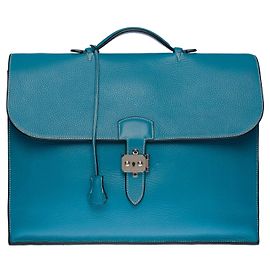 Splendida e molto chic borsa Porte-Documents Hermès Dispatch in pelle jeans Togo blu con impunture bianche Blu