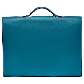 Hermès-Splendid and very chic Porte-Documents Hermès Dispatch bag in blue Togo leather jeans with white stitching-Blue