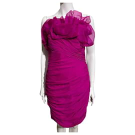 Marchesa-Strapless fuchsia silk dress-Pink