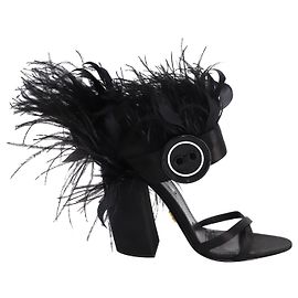 Prada Feather Block Heel Sandals in Black Satin  Black