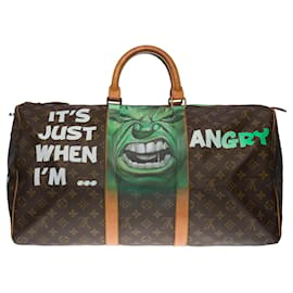 Louis Vuitton-Exceptional Louis Vuitton Keepall travel bag 50 cm in brown monogram canvas and natural leather customized "Angry Hulk"-Brown