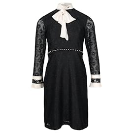 Sandro-Sandro Ribbon Neck Lace Dress in Black Polyester-Black
