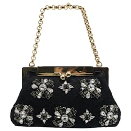 Dolce & Gabbana-Dolce & Gabbana Embellished Bag in Black Leather and Lace-Black