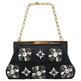 Dolce & Gabbana-Dolce & Gabbana Embellished Bag in Black Leather and Lace-Black