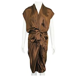 Lanvin-Chocolate Brown Silk Ruched Dress-Brown