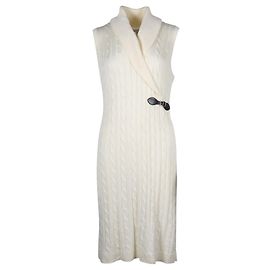 Calvin Klein Cremefarbenes Kabelstrickkleid mit schwarzem Gürtel Andere