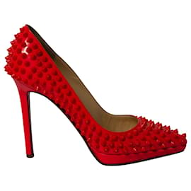 Christian Louboutin-Christian Louboutin Pigalle Plato 120 Spiked Heels in Neon Red Patent Leather-Red