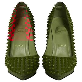 Christian Louboutin-Christian Louboutin Pigalle Plato 120 Spiked Heels in Neon Red Patent Leather-Red