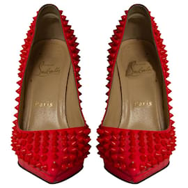 Christian Louboutin-Christian Louboutin Pigalle Plato 120 Spiked Heels in Neon Red Patent Leather-Red