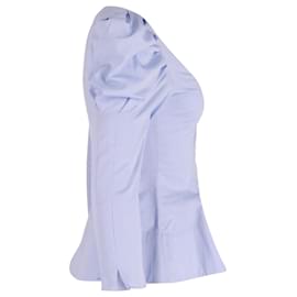 Khaite-Khaite Puffed Sleeve Scoop Peplum Top in Blue Cotton-Blue