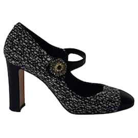 Dolce & Gabbana-Dolce & Gabbana Tweed Mary Jane Court Shoes in Black Cotton-Black