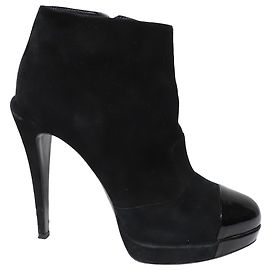 Chanel Patent Leather Cap Toe Platform Ankle Boots in Black Suede Black
