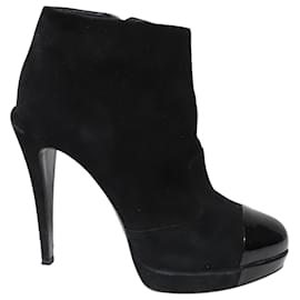 Chanel-Chanel Patent Leather Cap Toe Platform Ankle Boots in Black Suede-Black