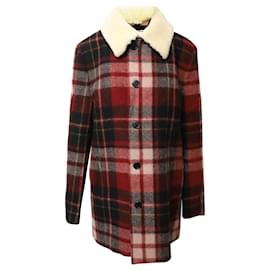 Saint Laurent-Saint Laurent Shearling-Trimmed Checked Coat in Red Wool-Other